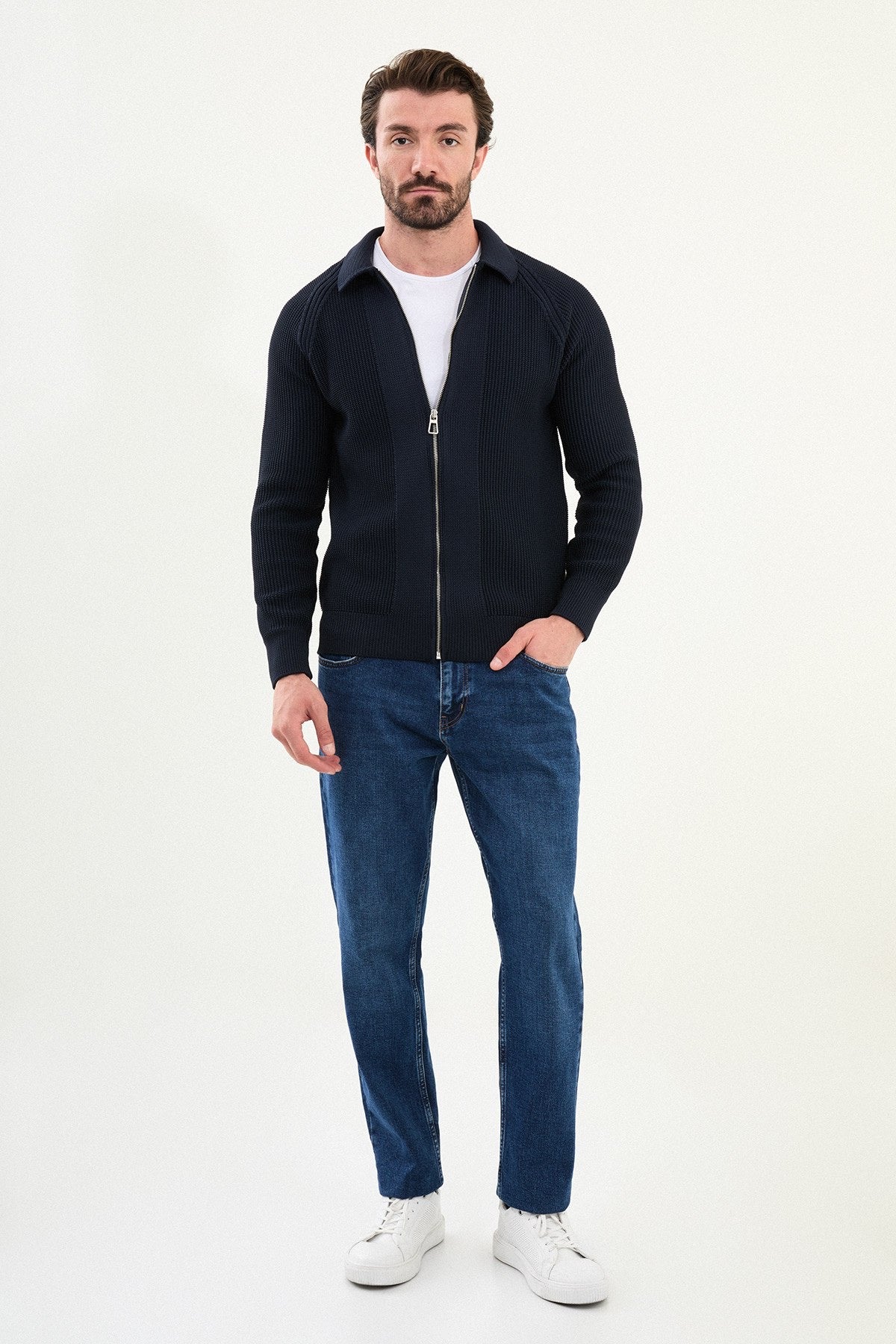 Men’s Navy Blue Ribbed Zip Cardigan