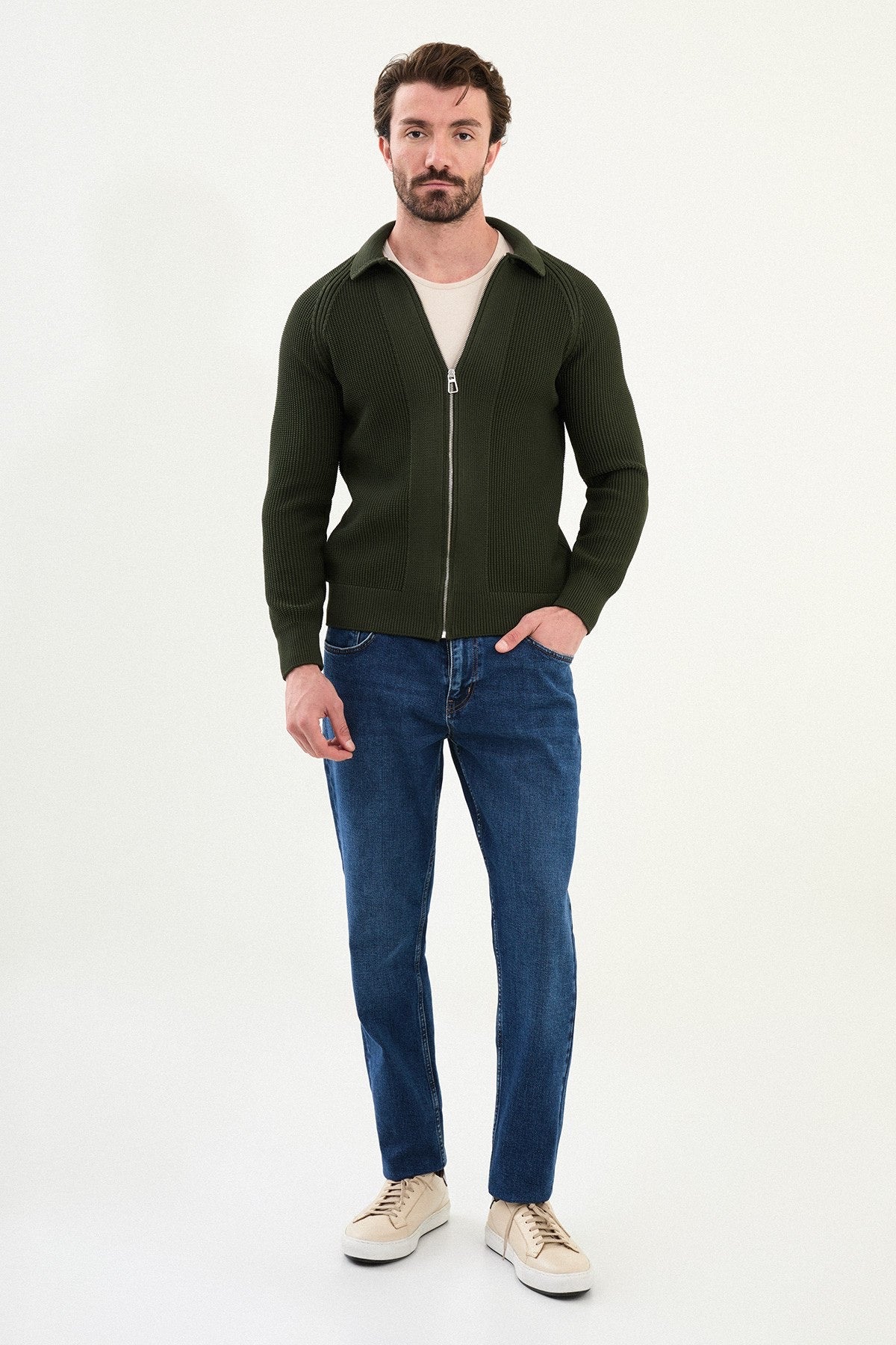 Men’s Green Ribbed Zip Cardigan
