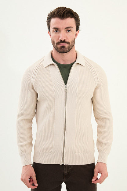 Men’s Beige Ribbed Zip Cardigan