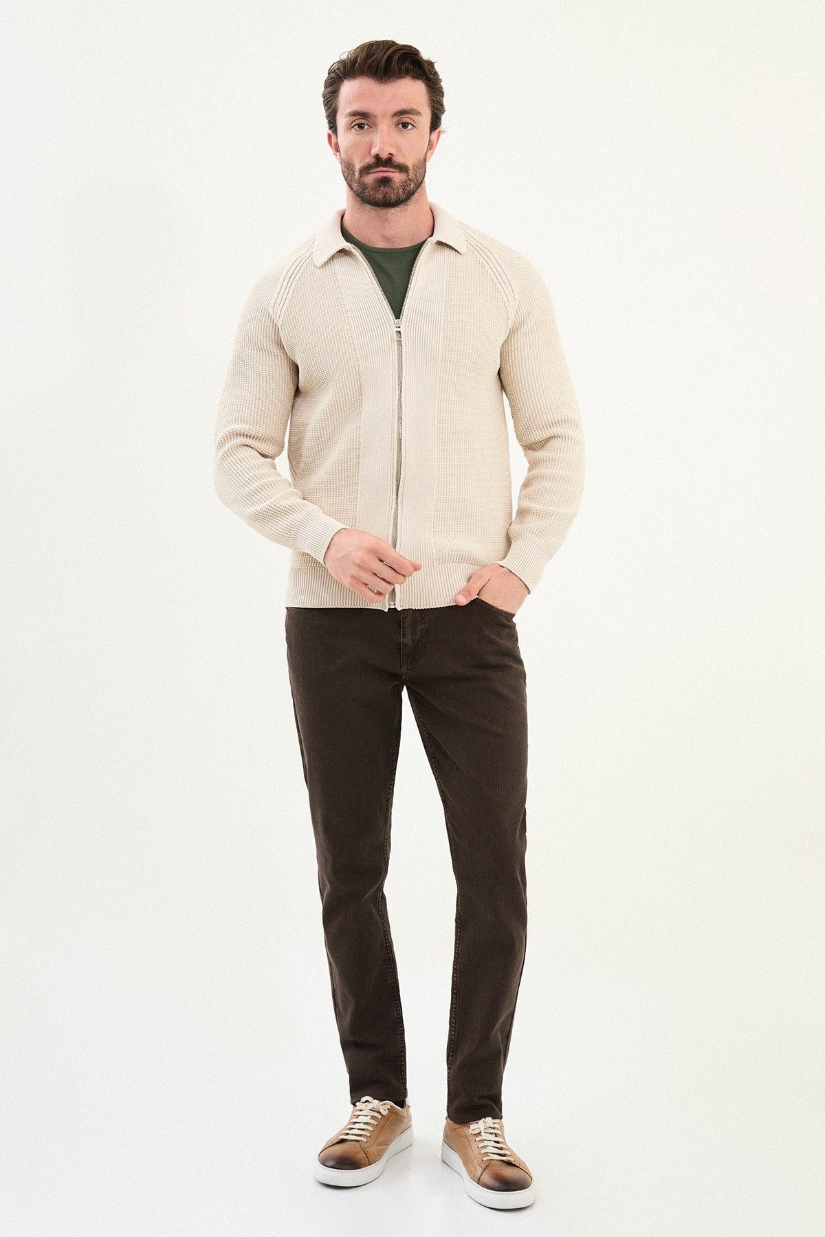 Men’s Beige Ribbed Zip Cardigan