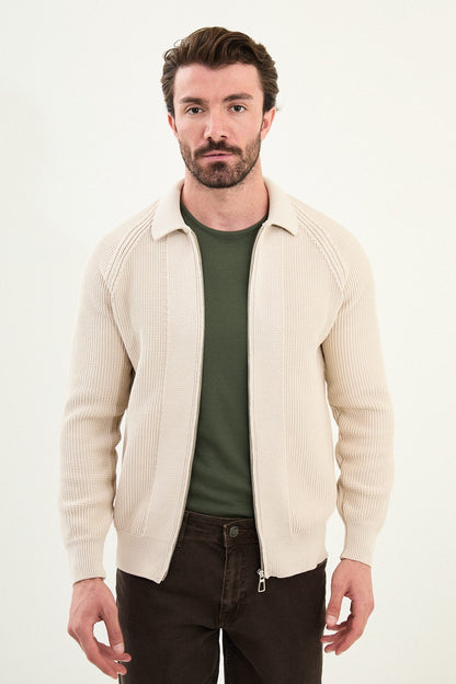 Men’s Beige Ribbed Zip Cardigan
