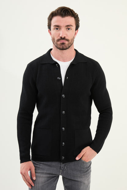 Men's Slim-Fit Button-Up Knit Cardigan – Black