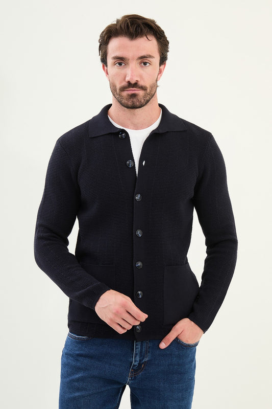 Men's Slim-Fit Button-Up Knit Cardigan – Navy Blue