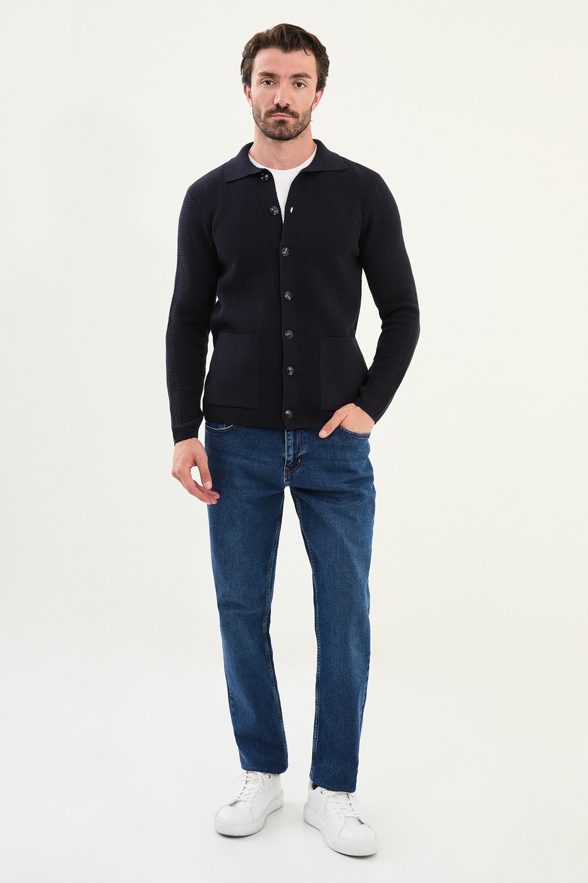 Men's Slim-Fit Button-Up Knit Cardigan – Navy Blue