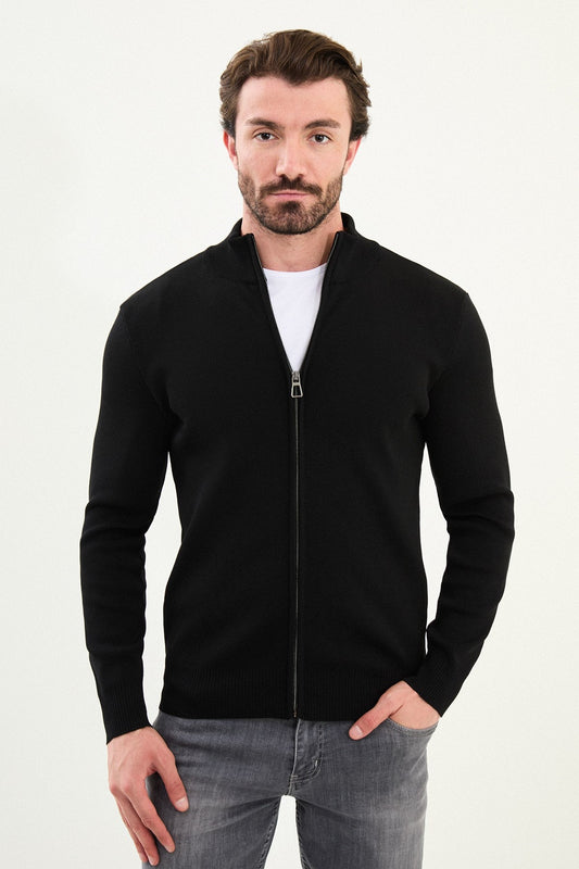 Men's Slim-Fit Zip-Up Knit Cardigan – Black