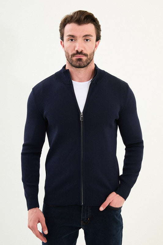 Men's Slim-Fit Zip-Up Knit Cardigan – Navy Blue