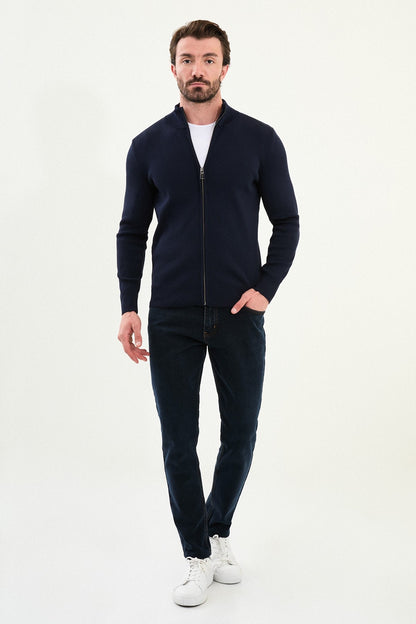 Men's Slim-Fit Zip-Up Knit Cardigan – Navy Blue
