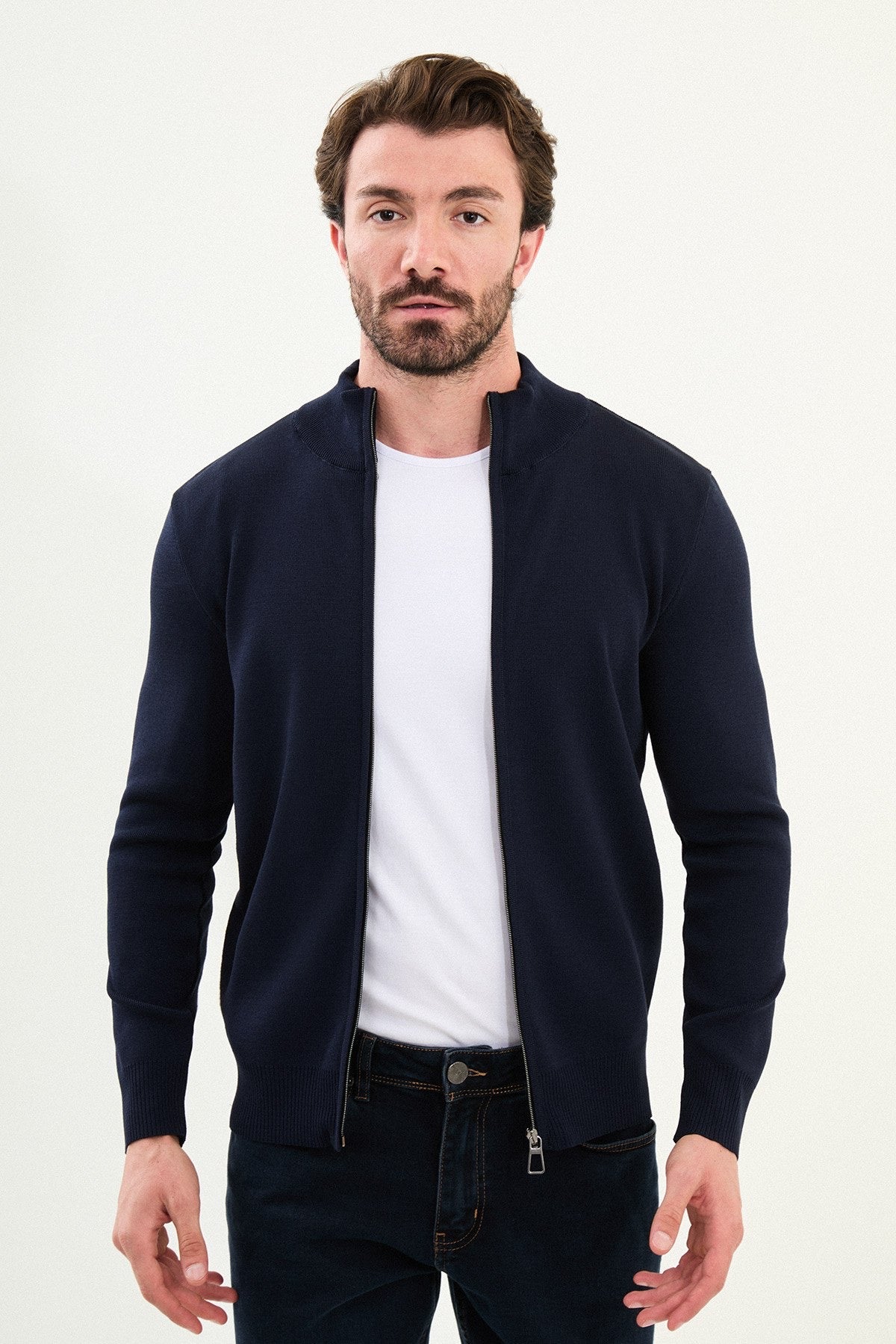 Men's Slim-Fit Zip-Up Knit Cardigan – Navy Blue