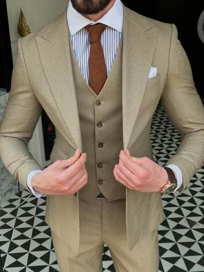 Beige Striped Slim-Fit Suit 3-Piece VIOSSI