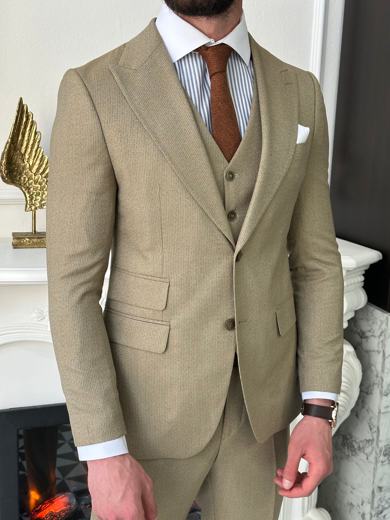 Beige Striped Slim-Fit Suit 3-Piece VIOSSI