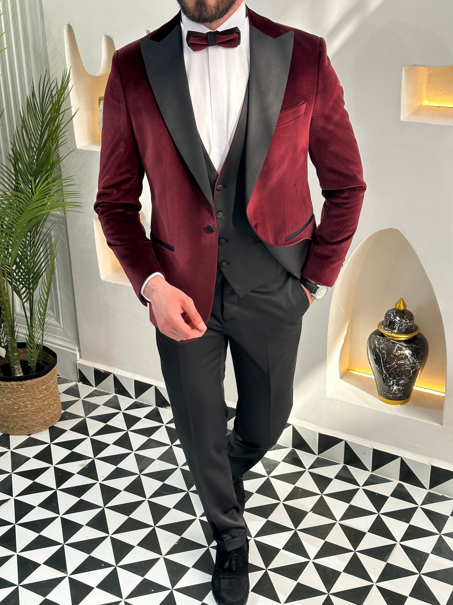 Bordeaux Velvet Slim-Fit Tuxedo 3-Piece