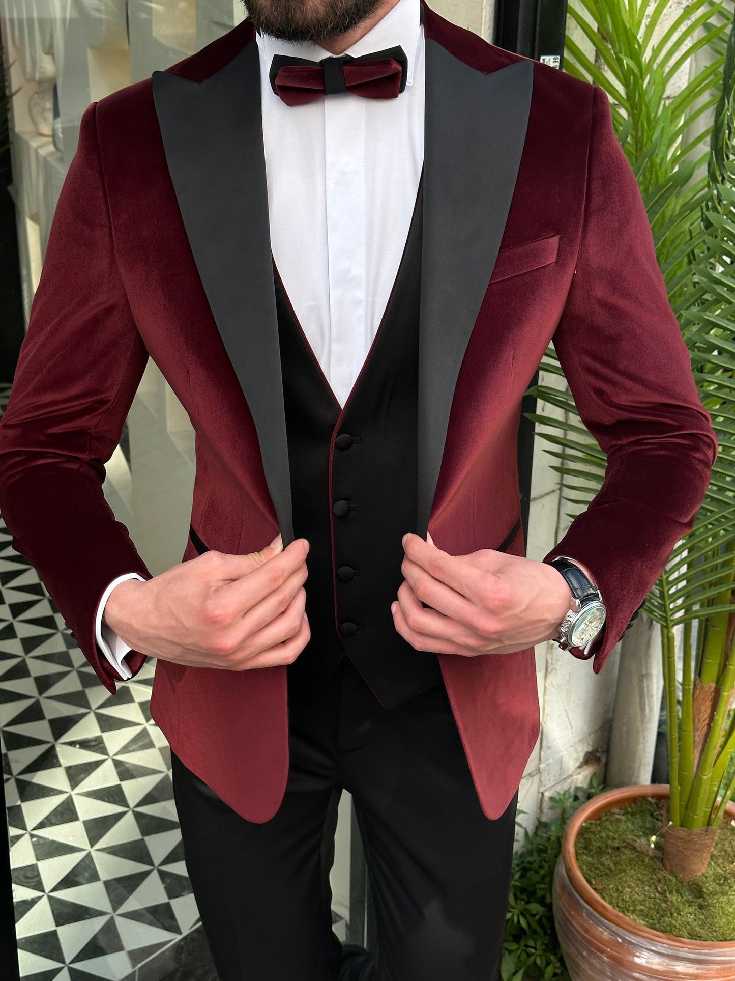 Bordeaux Velvet Slim-Fit Tuxedo 3-Piece