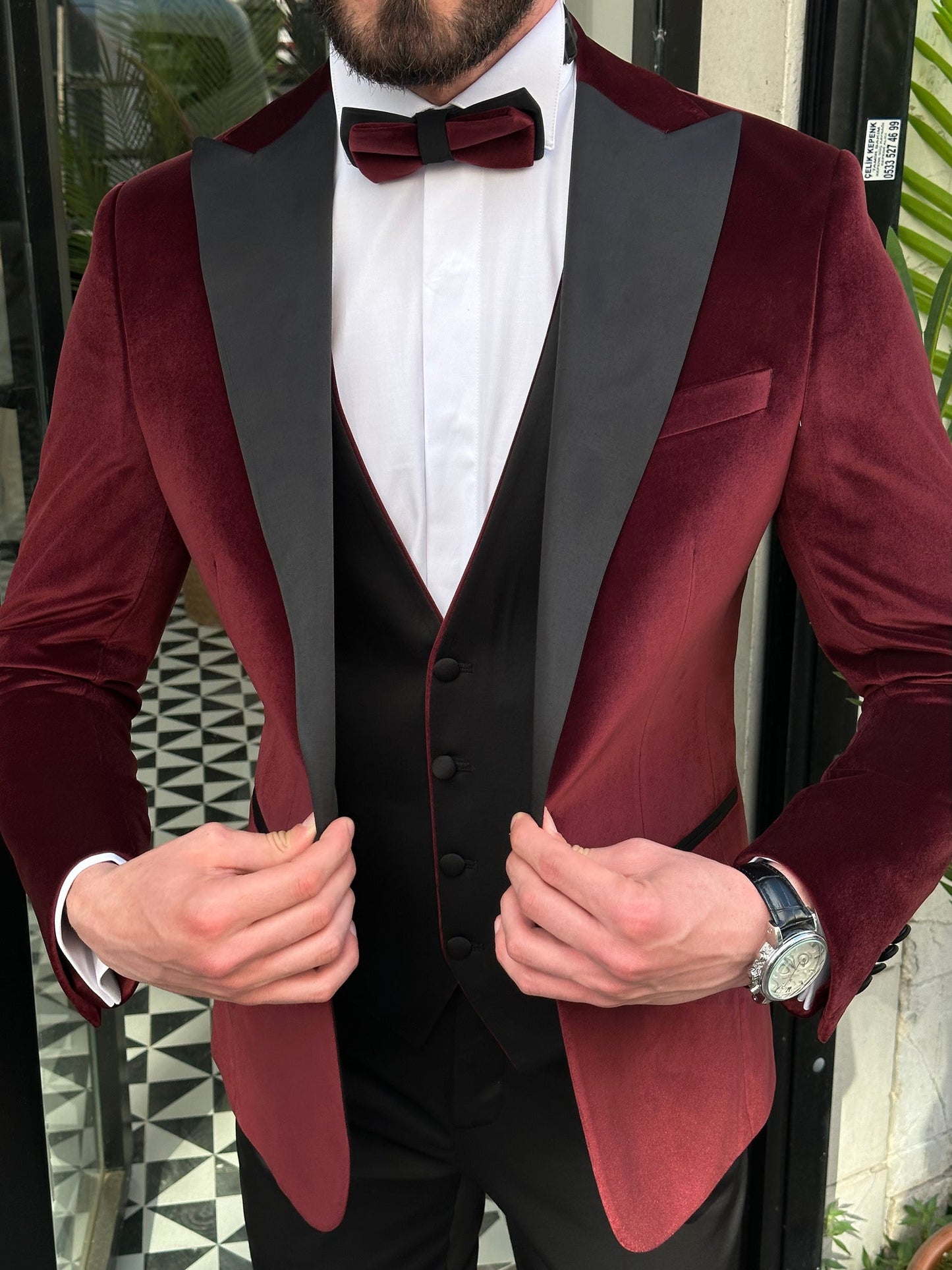 Bordeaux Velvet Slim-Fit Tuxedo 3-Piece