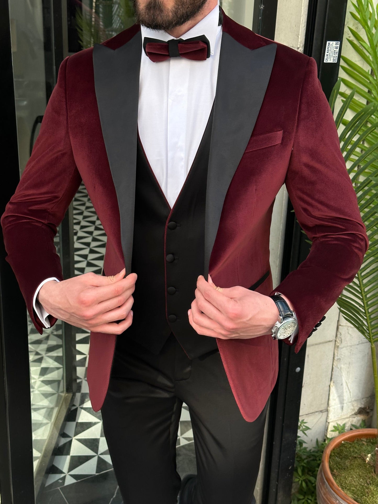 Bordeaux Velvet Slim-Fit Tuxedo 3-Piece