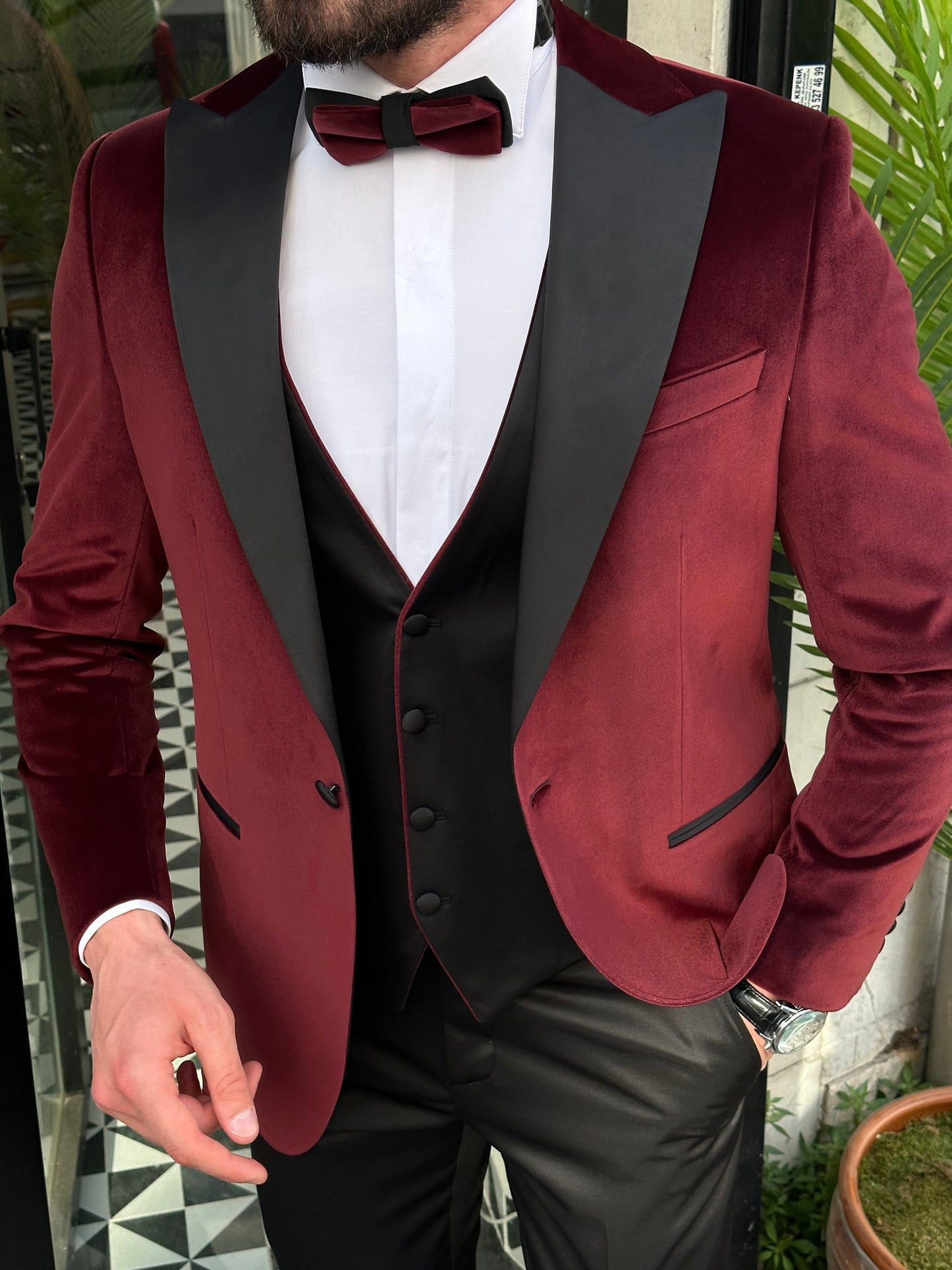 Bordeaux Velvet Slim-Fit Tuxedo 3-Piece