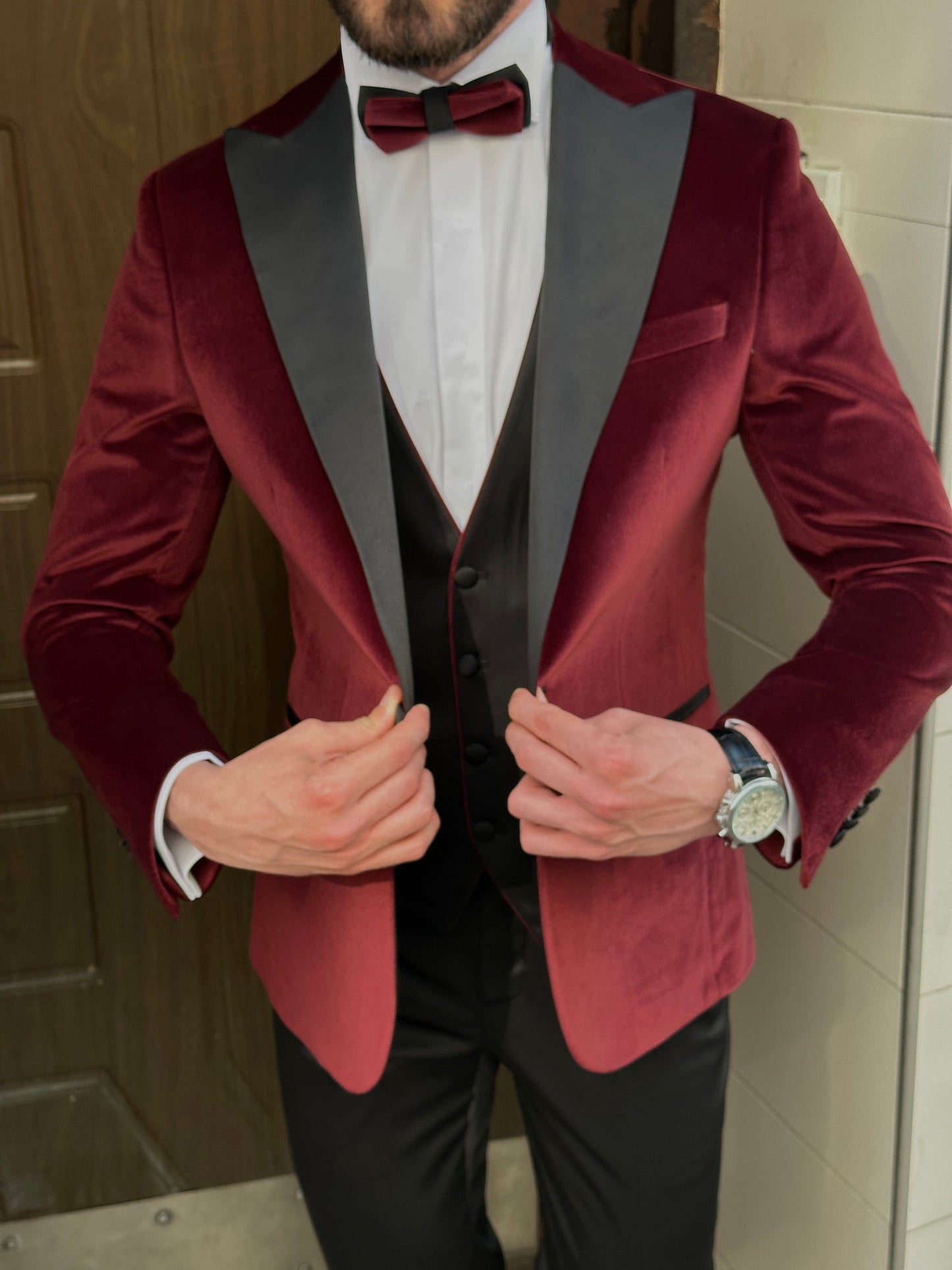 Bordeaux Velvet Slim-Fit Tuxedo 3-Piece