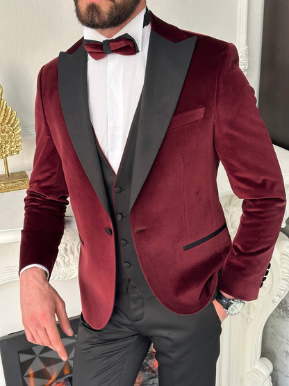 Bordeaux Velvet Slim-Fit Tuxedo 3-Piece