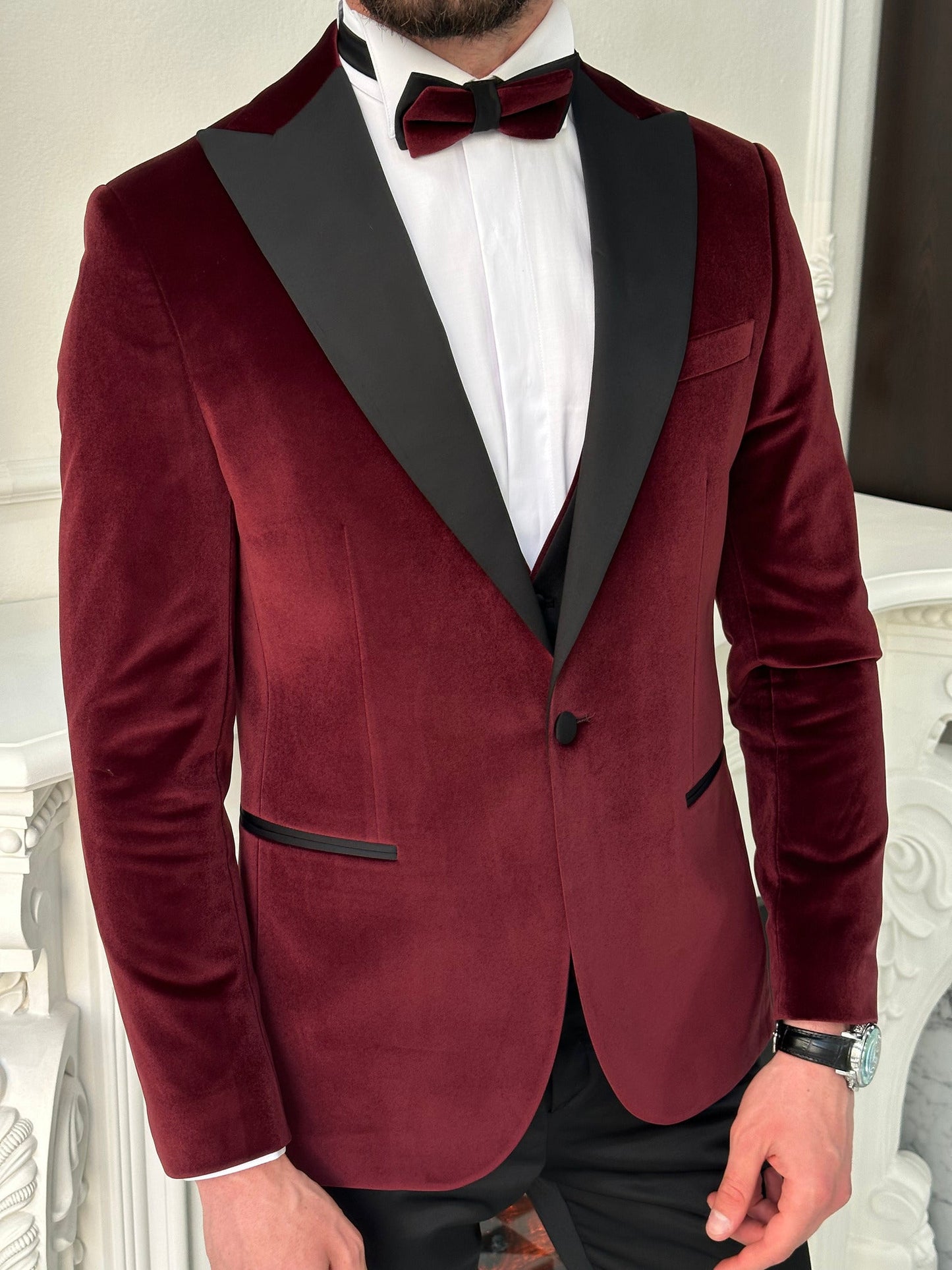 Bordeaux Velvet Slim-Fit Tuxedo 3-Piece