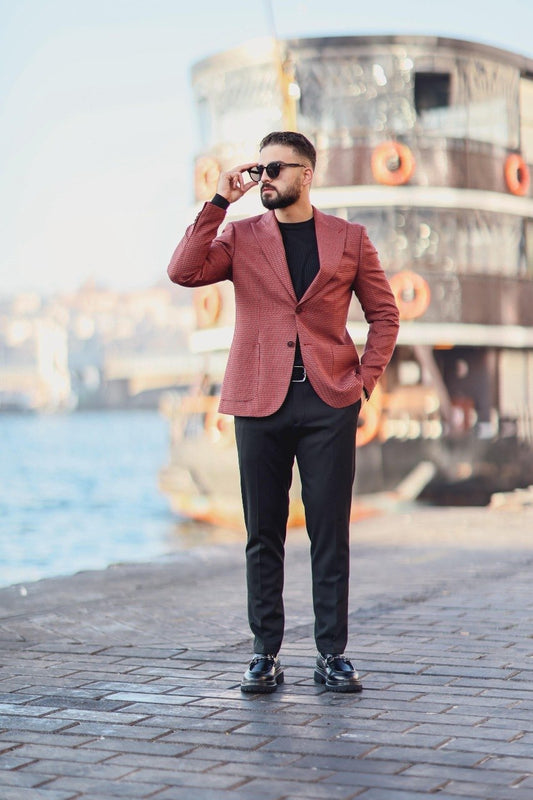 Men’s Burgundy Patterned Slim-Fit Jacket - BRABION