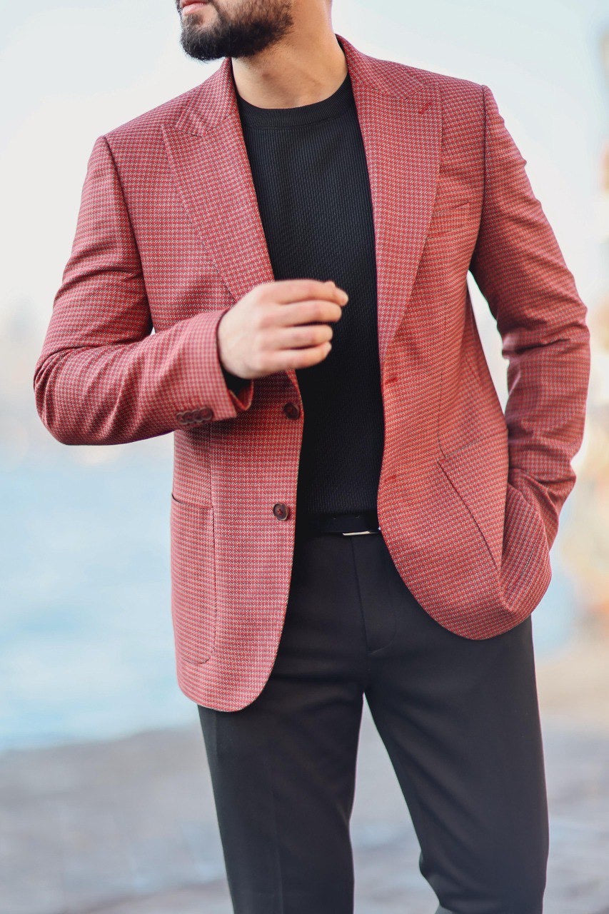 Men’s Burgundy Patterned Slim-Fit Jacket - BRABION