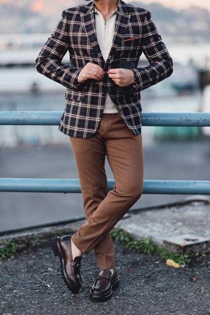 Men’s Dark Blue Plaid Slim-Fit Jacket - BRABION