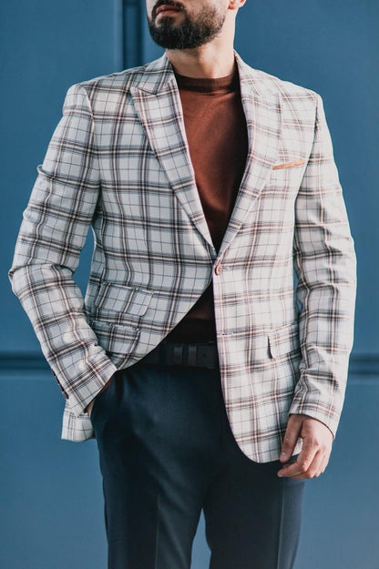 Men’s White Plaid Slim-Fit Jacket - BRABION