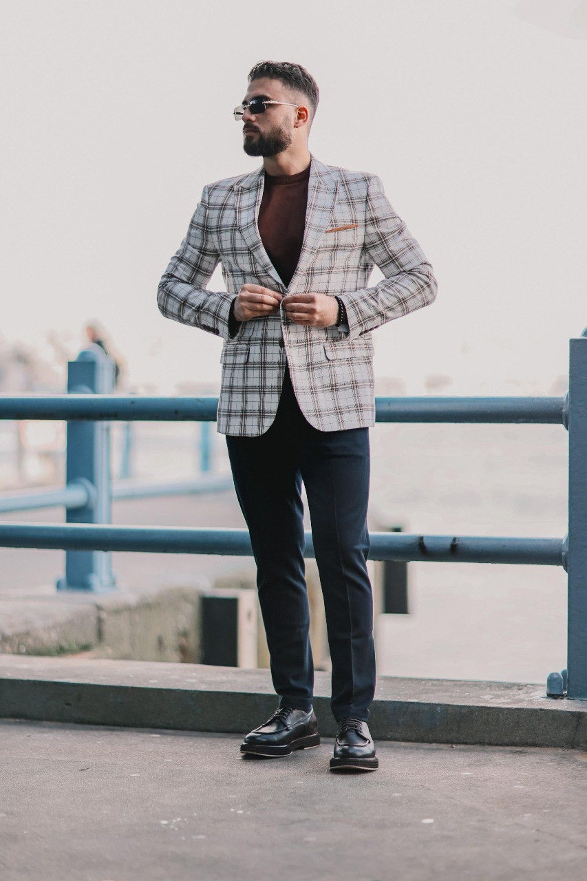 Men’s White Plaid Slim-Fit Jacket - BRABION
