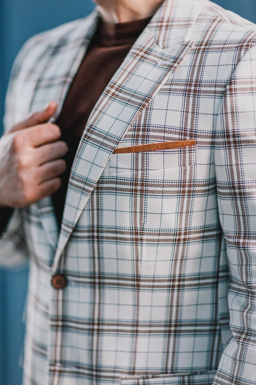 Men’s White Plaid Slim-Fit Jacket - BRABION