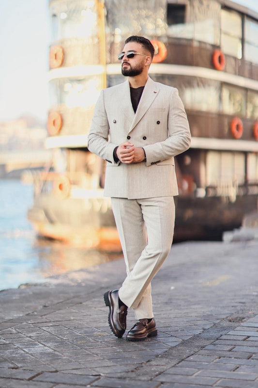 Men’s Beige Pinstripe Double-Breasted Suit