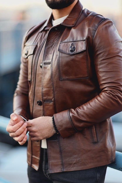 Men’s Brown Genuine Leather Jacket - BRABION