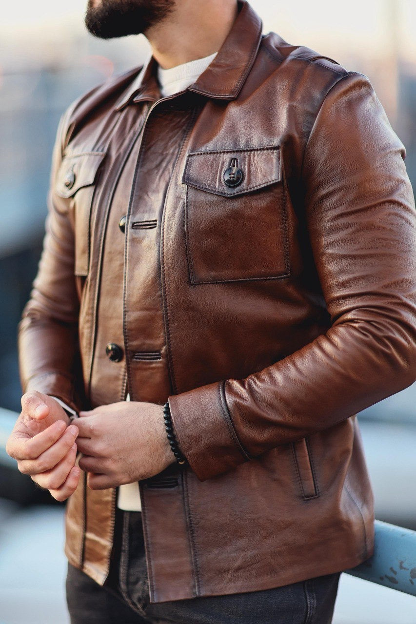 Men’s Brown Genuine Leather Jacket - BRABION