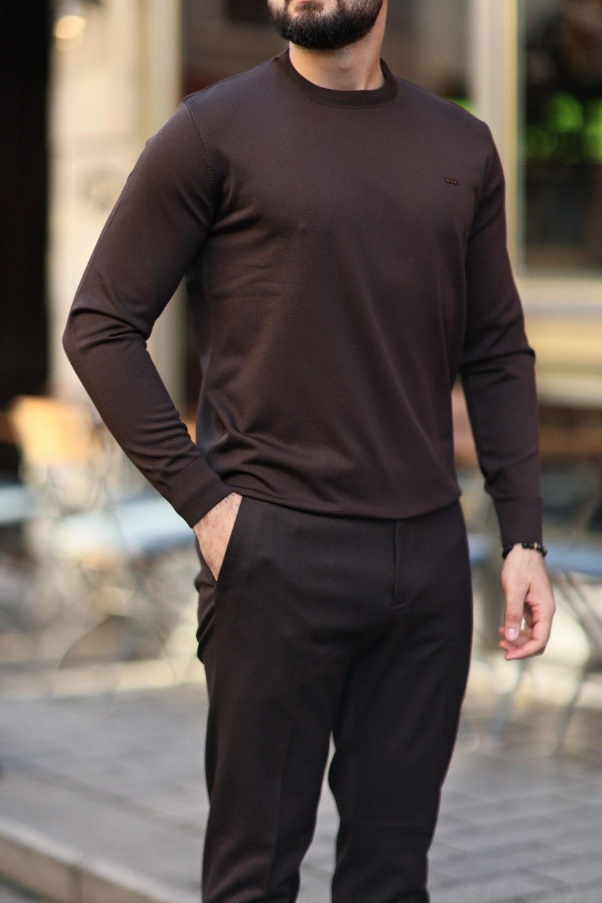 Men’s Brown Crew Neck Slim-Fit Sweater