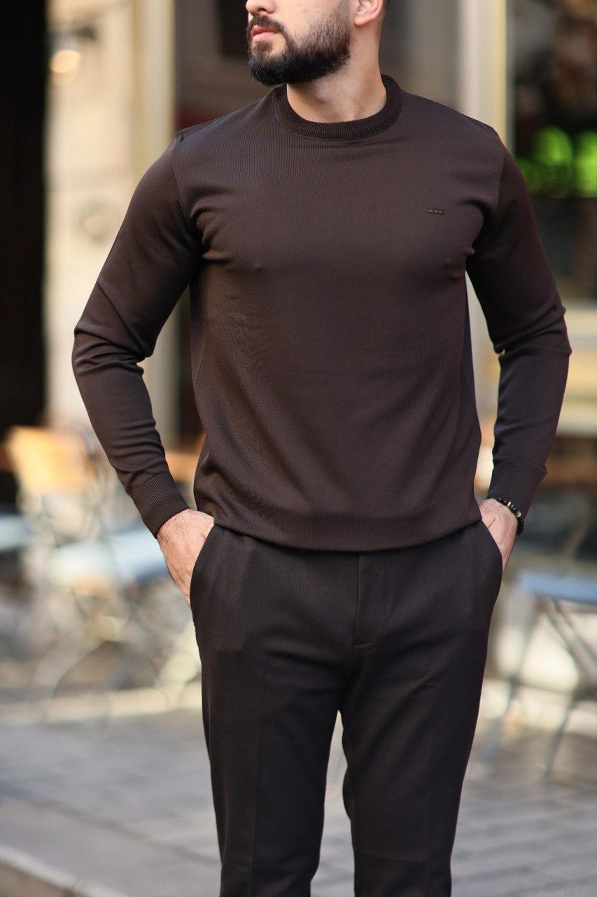 Men’s Brown Crew Neck Slim-Fit Sweater