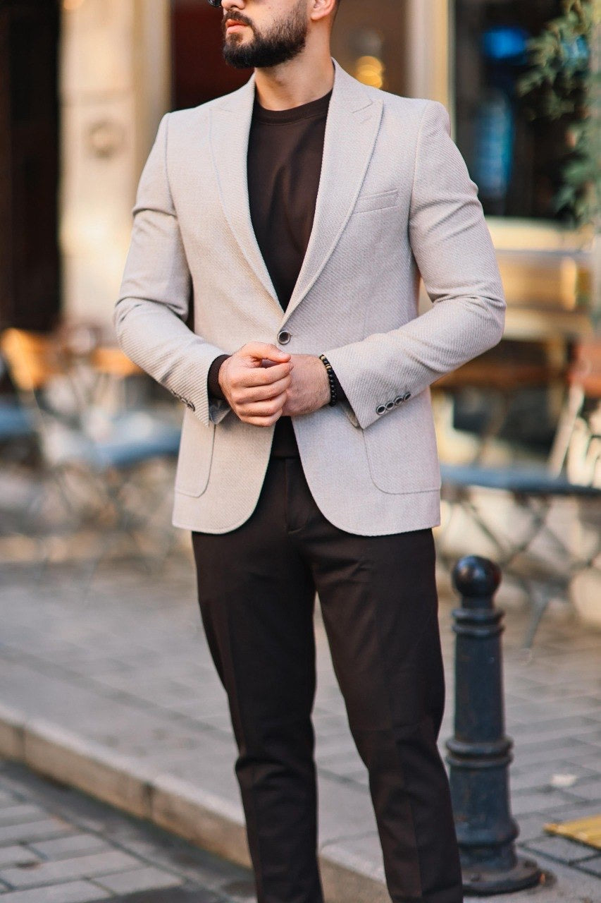 Men’s Beige Textured Slim-Fit Jacket - BRABION