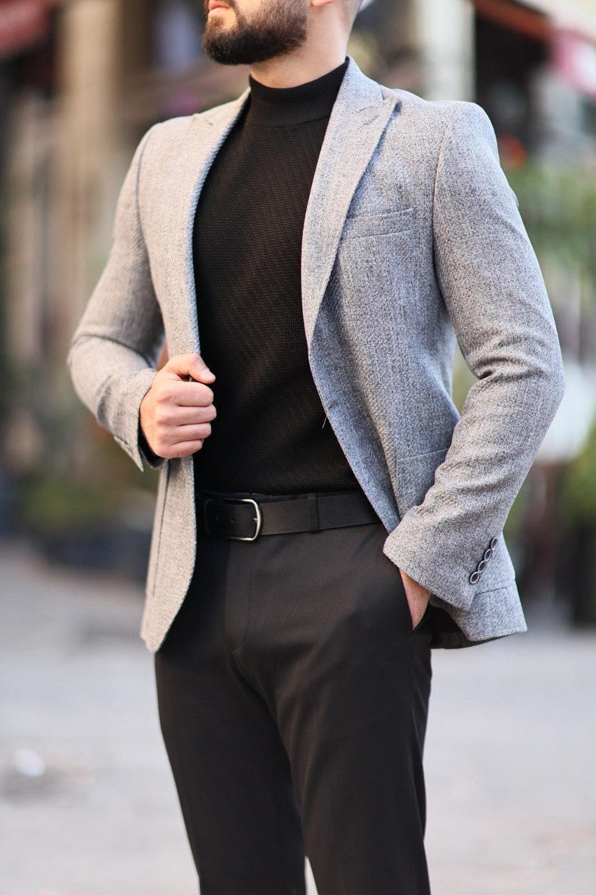 Men’s Gray Textured Slim-Fit Jacket - BRABION