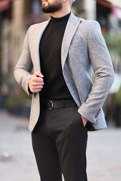 Men’s Gray Textured Slim-Fit Jacket - BRABION