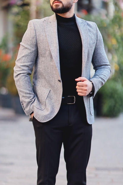 Men’s Gray Textured Slim-Fit Jacket - BRABION