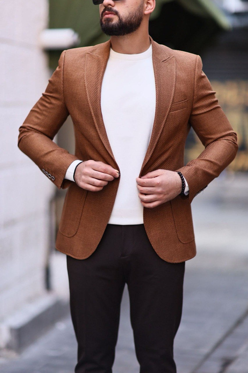 Men’s Camel Slim-Fit Jacket with Utility Pocket - BRABION