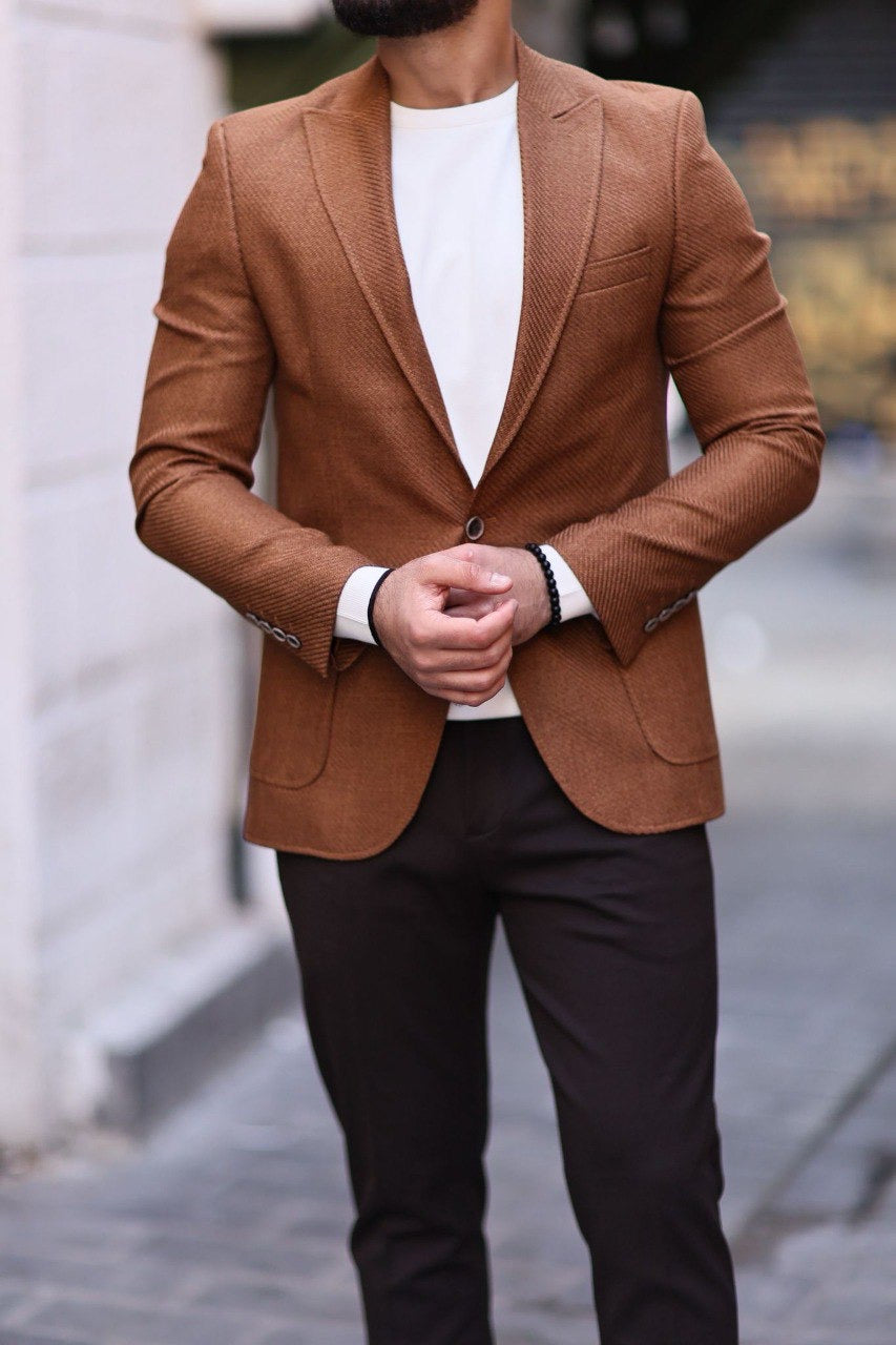 Men’s Camel Slim-Fit Jacket with Utility Pocket - BRABION