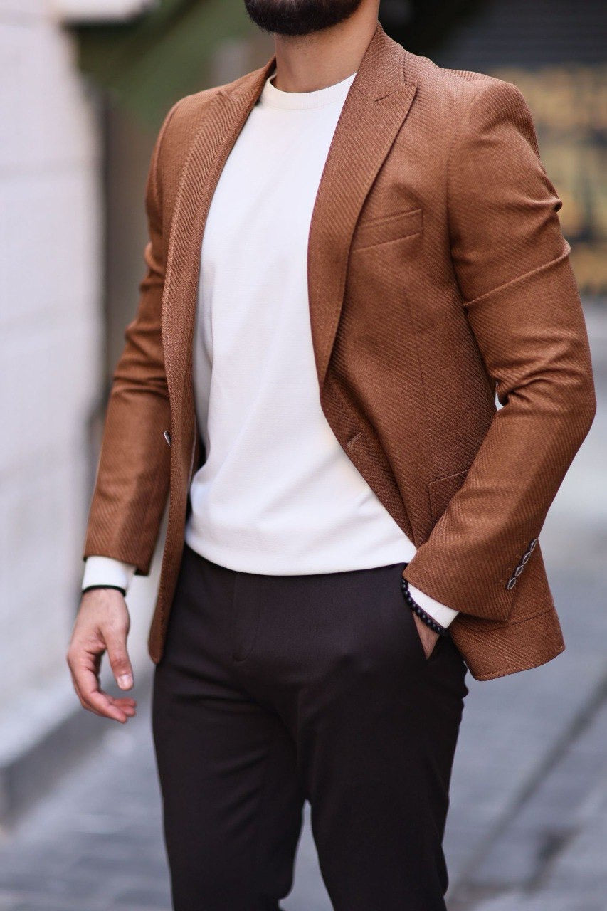 Men’s Camel Slim-Fit Jacket with Utility Pocket - BRABION
