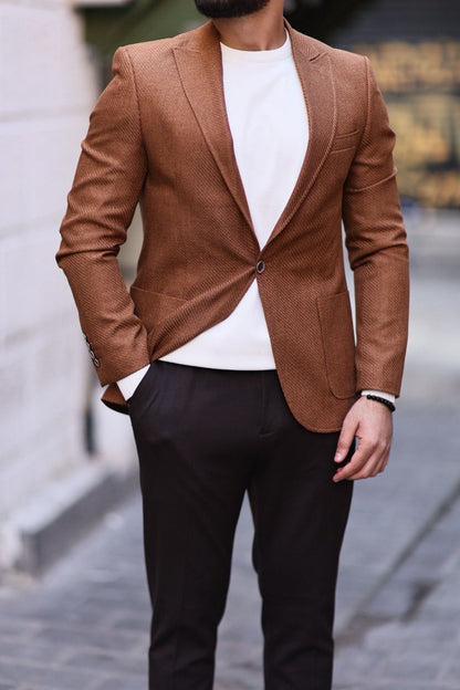 Men’s Camel Slim-Fit Jacket with Utility Pocket - BRABION