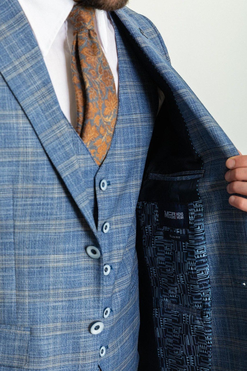 Brabion Elio Blue Slim Fit Notch Lapel 3 Piece Plaid Suit