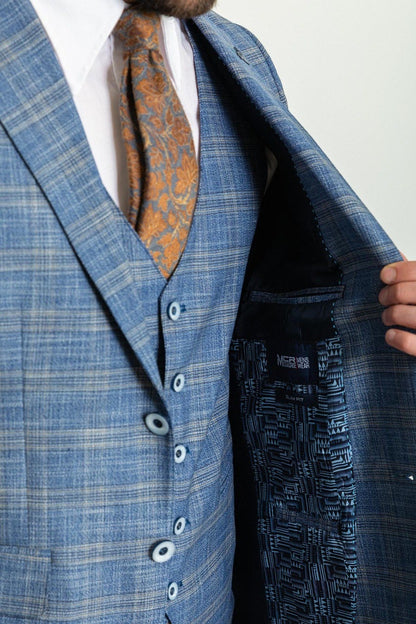 Brabion Elio Blue Slim Fit Notch Lapel 3 Piece Plaid Suit