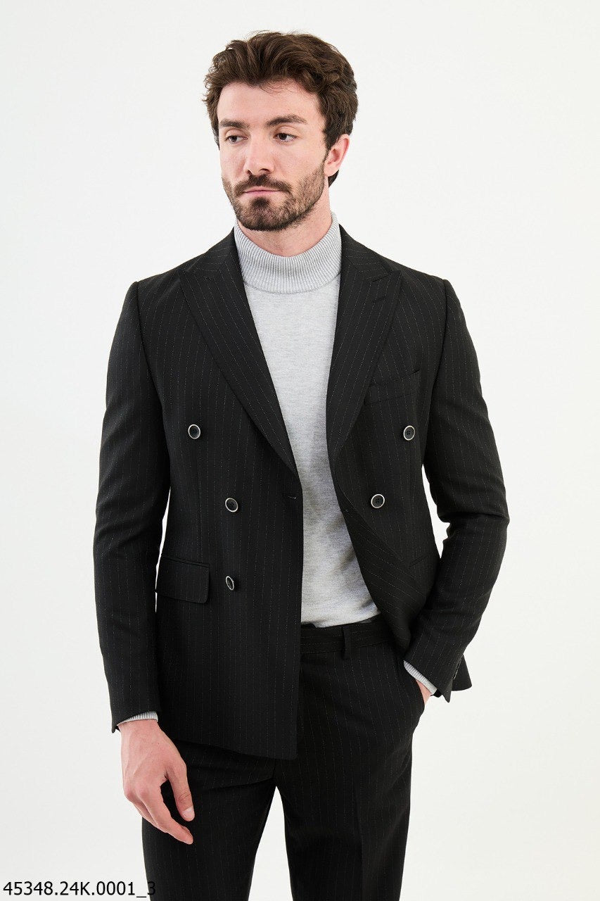 Brabion Diego Black 2 Piece Double Breasted Pinstripe Wool Suit