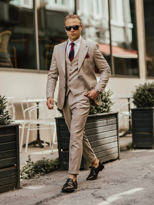 Beige Striped Slim-Fit Suit 3-Piece VIOSSI