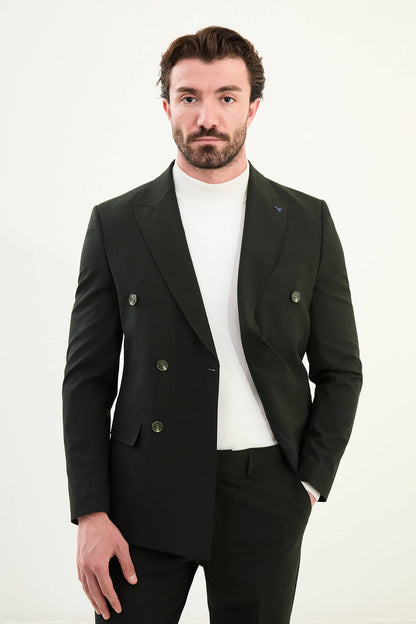 Men’s matte obsidian black slim-fit double-breasted 6x2 suit with peak lapels, cotton-wool-viscose blend with 4-way stretch for wrinkle-resistant wear, styled with a crisp white turtleneck.
