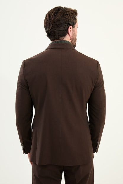 Men’s dark brown chocolate/espresso slim-fit double-breasted 6x2 suit with peak lapels, cotton-wool-viscose blend with 4-way stretch for wrinkle-resistant wear, styled with a cream or dark olive turtleneck.