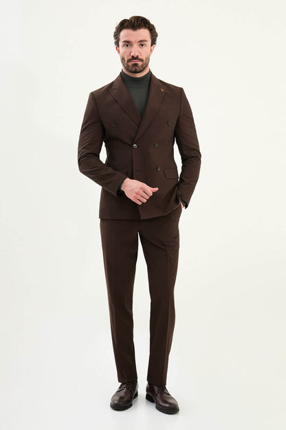 Men’s dark brown chocolate/espresso slim-fit double-breasted 6x2 suit with peak lapels, cotton-wool-viscose blend with 4-way stretch for wrinkle-resistant wear, styled with a cream or dark olive turtleneck.