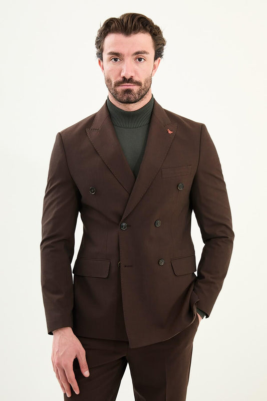 Men’s dark brown chocolate/espresso slim-fit double-breasted 6x2 suit with peak lapels, cotton-wool-viscose blend with 4-way stretch for wrinkle-resistant wear, styled with a cream or dark olive turtleneck.