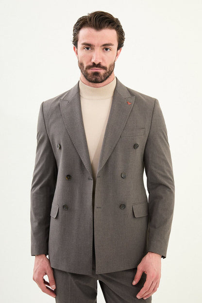 Men’s grey slim-fit double-breasted 6x2 suit with peak lapels, micro-texture finish, cotton-wool-viscose blend with stretch, designed for breathable comfort and wrinkle-resistant wear.